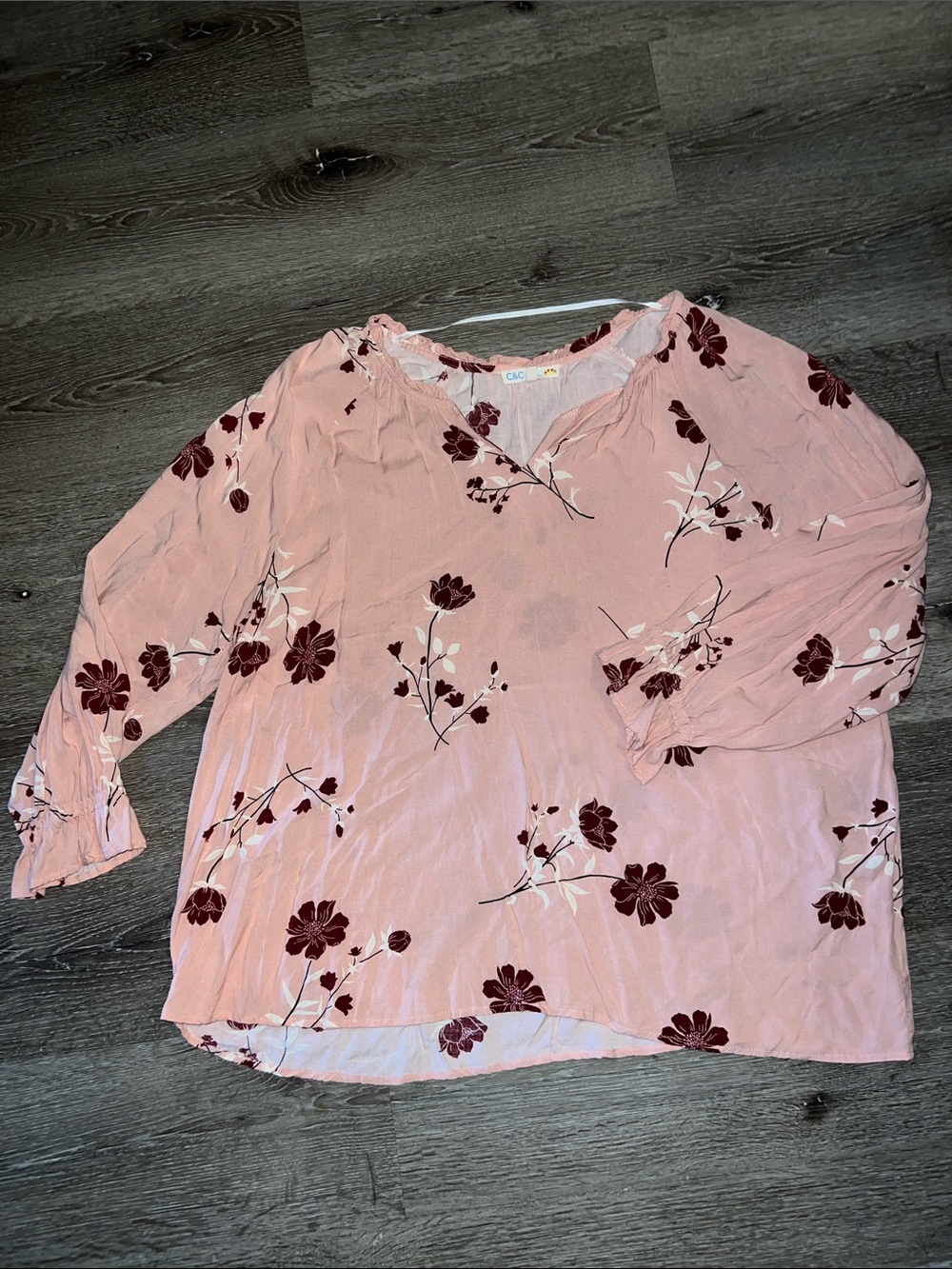 C & C California Blush Pink Floral Split-Neck Blouse
